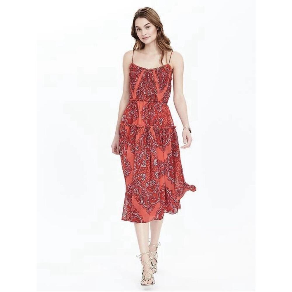 Banana Republic Paisley Strappy Midi Dress, Fire Coral SIZE 16 Tall Boho Summer